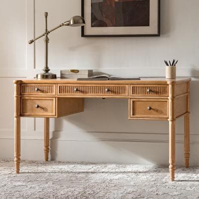 HULALA HOME Derk 55''W Transitional 5-Drawer Fluted Simple Assembly Desk with Charging Station and Cable Management