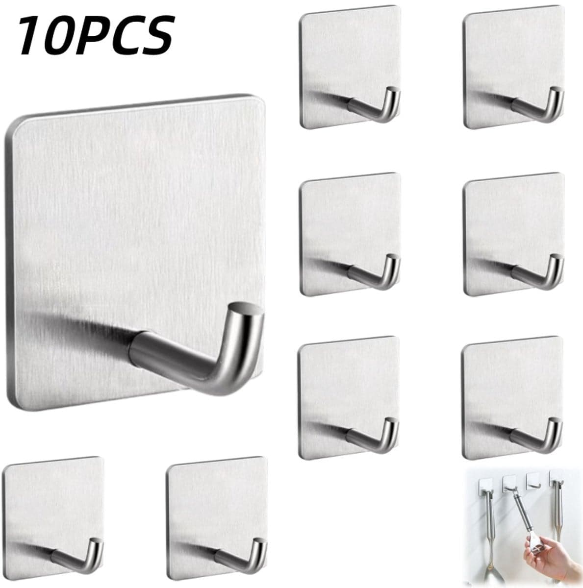 Set van 10 zilveren handdoekhaken zonder boren voor keuken, badkamer en gang, 4,5 x 4,5 cm
