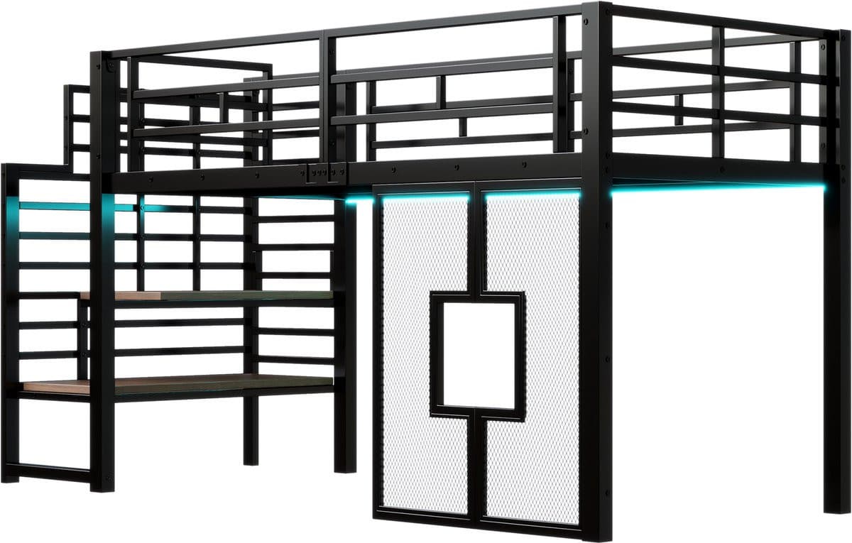 Zwarte hoogslaper voor kinderen met trap, opbergruimte, LED-verlichting en ramen, 90 x 200 cm