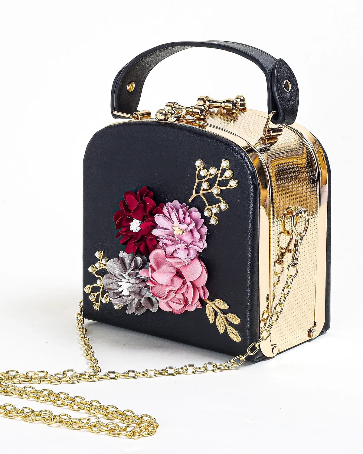 NONE Women Trendy Floral Decor Solid PU Leather Clutch Bag，Faux Pearls Big Metal Frame Dinner Chain Boxy Bag