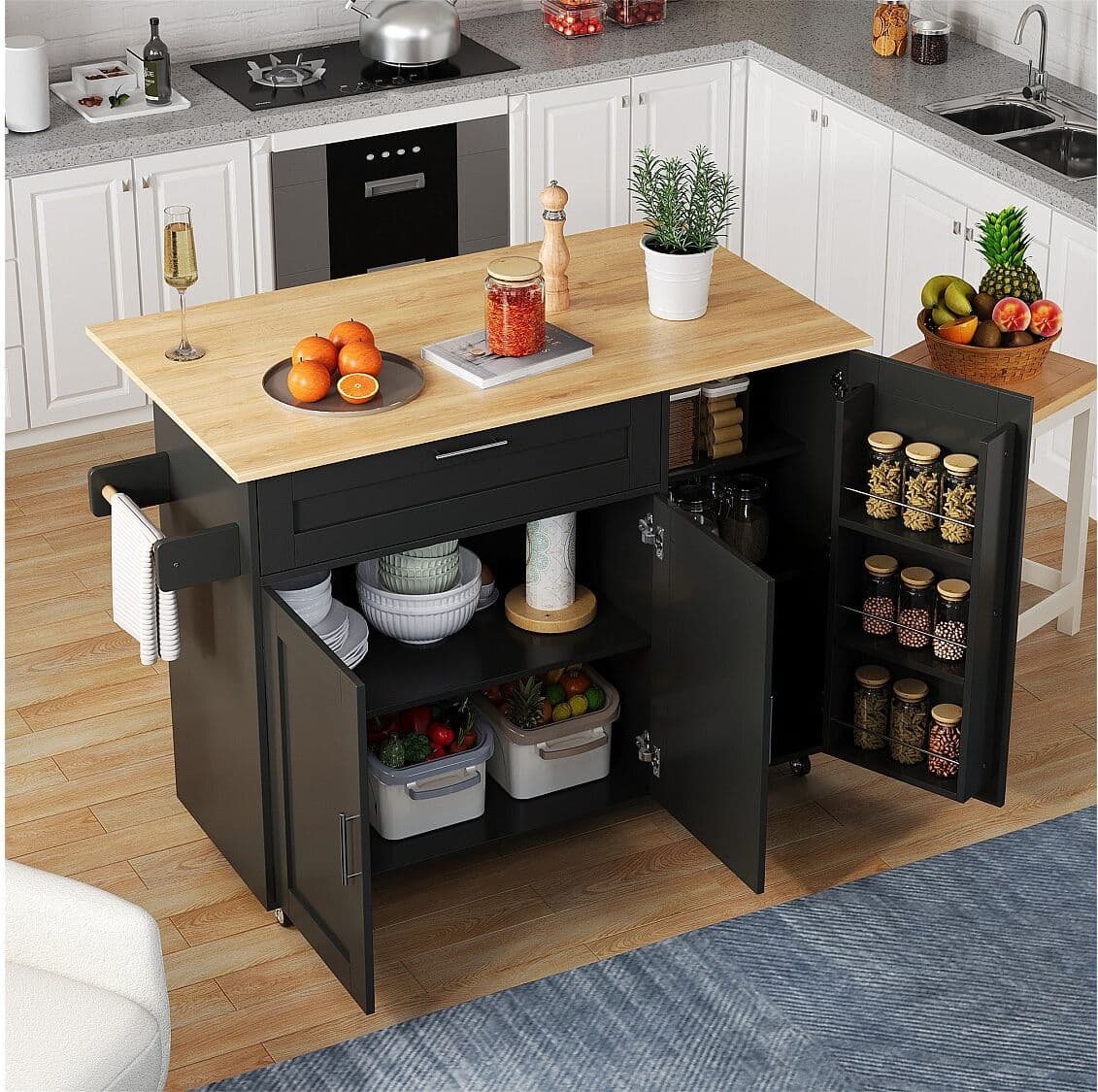 Merax Mobiel kookeiland met 3 deuren en 1 lade - Uitschuifbaar blad - 132,5x44(70)x90 cm - MDF hout - Zwart en naturel