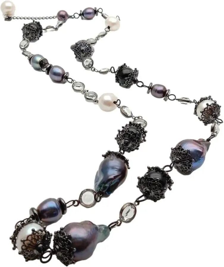 KAKAIBAGEMS YYGEM 15X23MM Natural Freshwater Cultured Pearl Black Keshi Pearl White Potato Pearl Long Chain Necklace 30