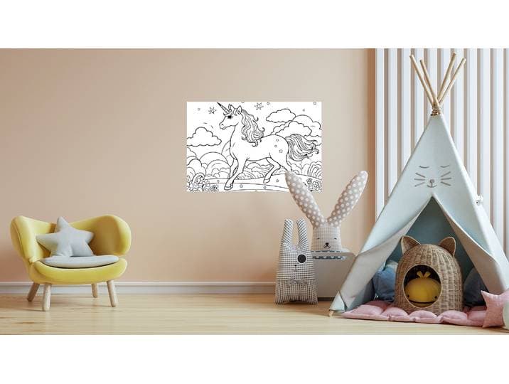 Wandsticker QUEENCE Einhorn auf Blumenwiese , weiß, B:90cm H:60cm, Vinyl, Wandtattoos, Wandsticker, DIY-Wandsticker zum Bemalen