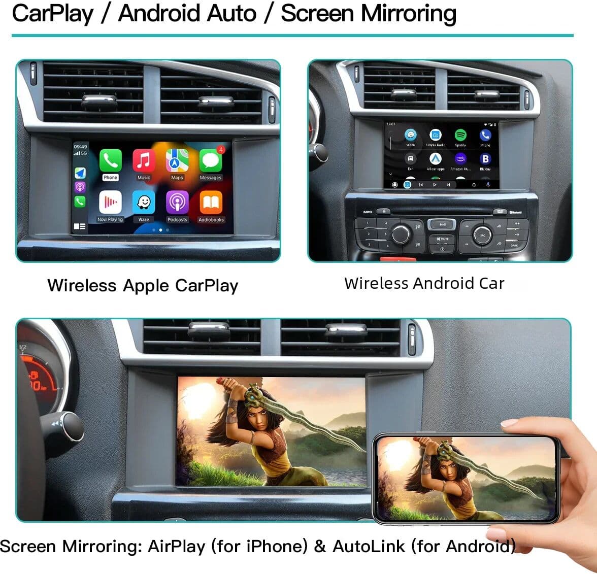 AUTOABC Wireless  Carplay Android auto for Peugeot 208 308 508 3008 Citroën C4 DS3 DS4 DS5 SMEG MRNMultimedia Camera