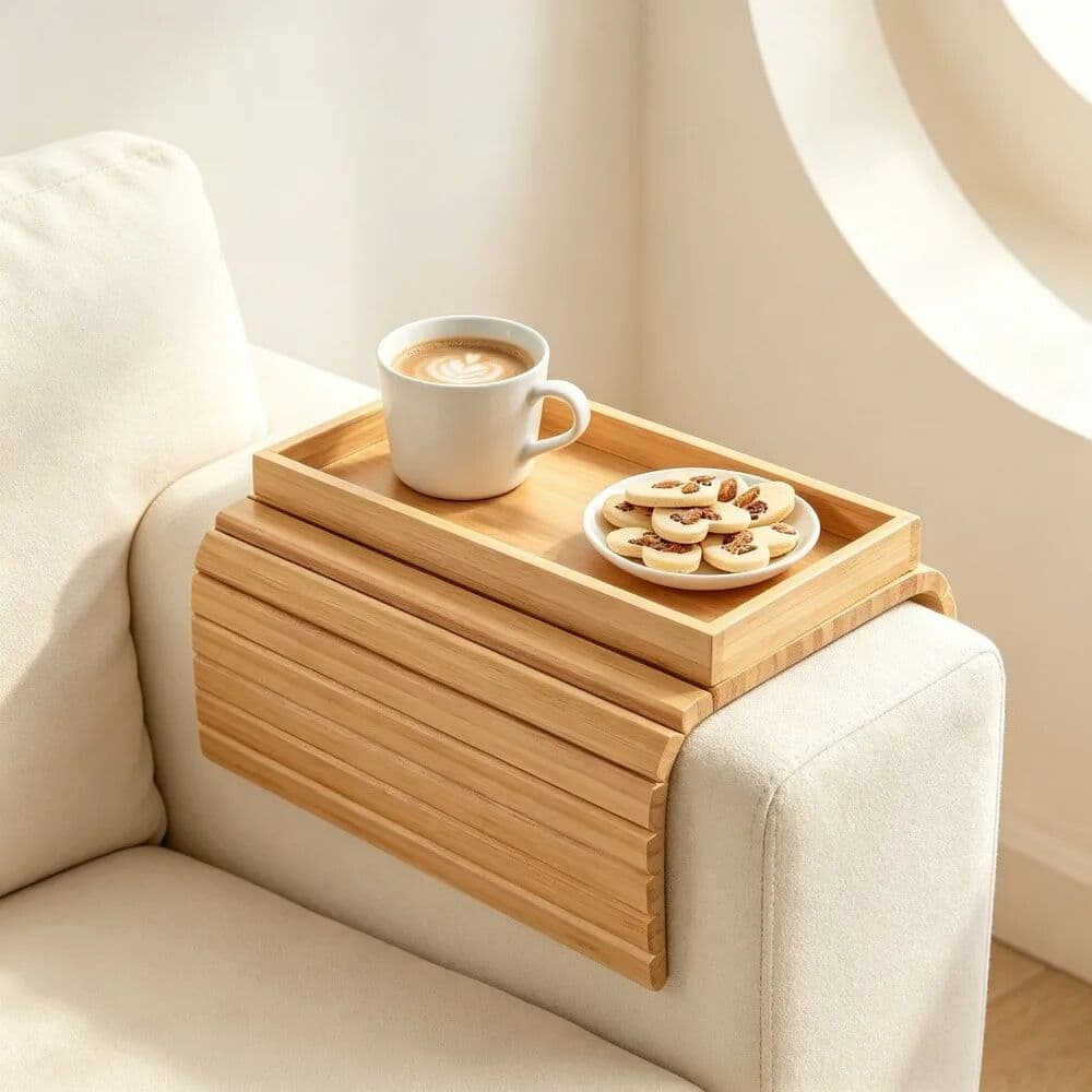 NONE Bamboo Sofa Armrest Storage Rack Foldable Organizer Shelf for Living Room Bedroom Snack Drink Remote Control Holder Space Saving