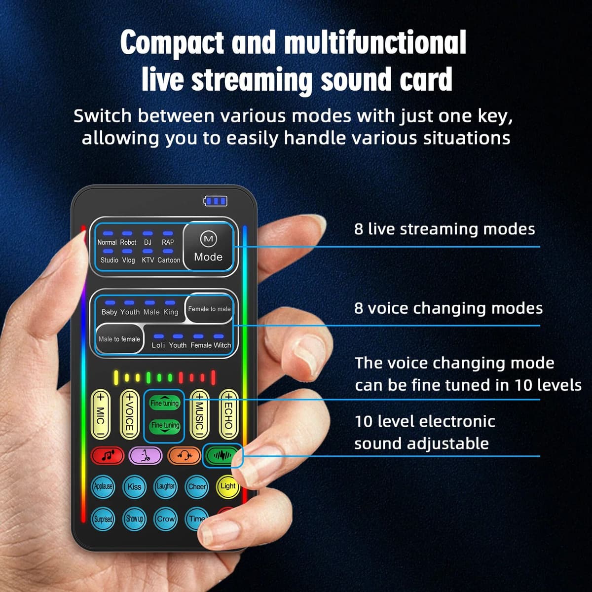 Seven i9 Voice Changer With Earphone With Microphone Mini Sound Card Audio Effect Bluetooth-Compatible Live Sound Cards Voice Tool