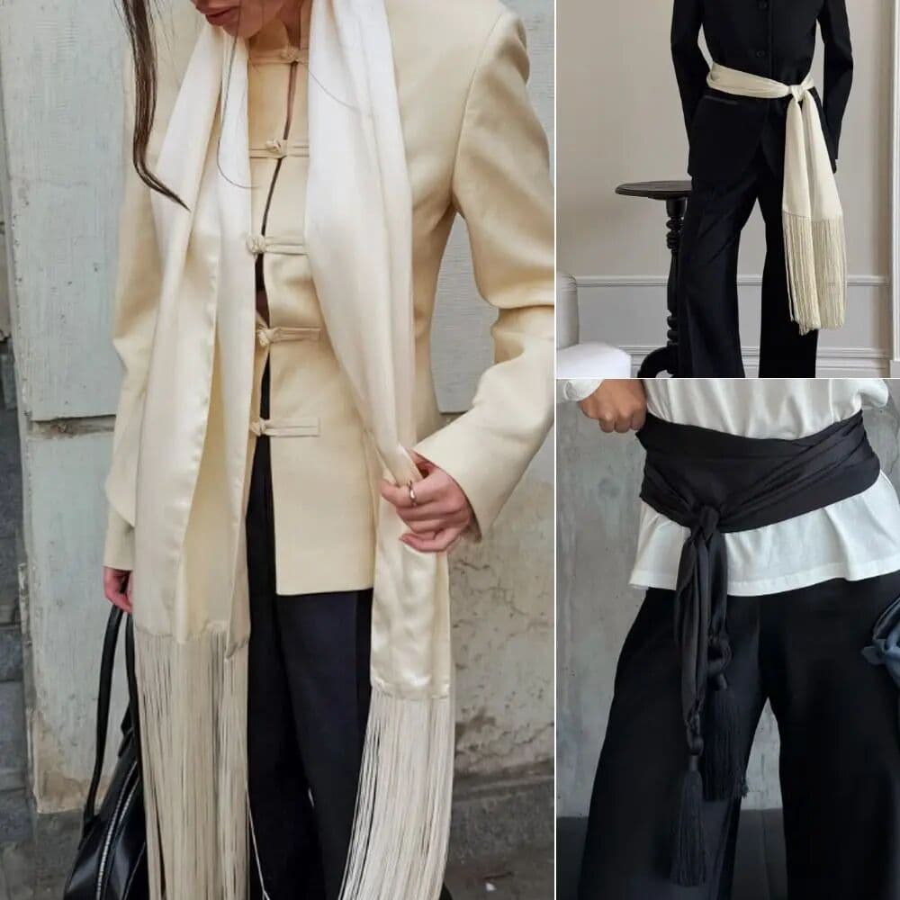 NONE Fringed Edge Tassel Scarf Breathable Y2K Streetwear Oversize Shawl Soft Women's Accessory Waist Scarf Jeans Decoration