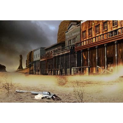 Fototapete PAPERMOON "Revolver im Sand", bunt, B:3,5m L:2,6m, Vlies, Tapeten