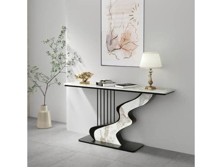 Schmaler Halbmond-Konsolentisch, Luxuriöser Akzenttisch für das Sofa Schmaler Konsolentisch für Flur und Korridor mit Schieferplatte und Harfenförmigem Gestell, Wandnah(Black A,120cm/47.2in)