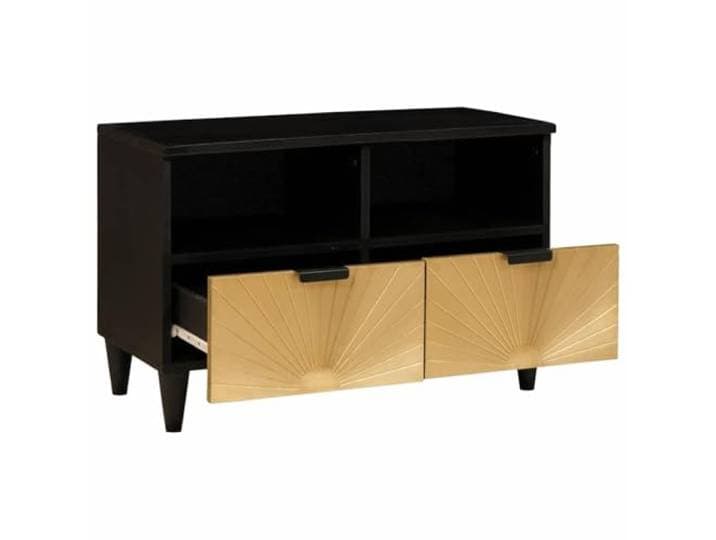 SKTQYQO TV-Schrank Schwarz und Gold, 70 x 33 x 46 cm, aus technischem Holz Rechteckiges Design, schwarzer goldener Kontrast, Innenregale, schwarze Griffe, konische Beine, Innenbereich, Halle