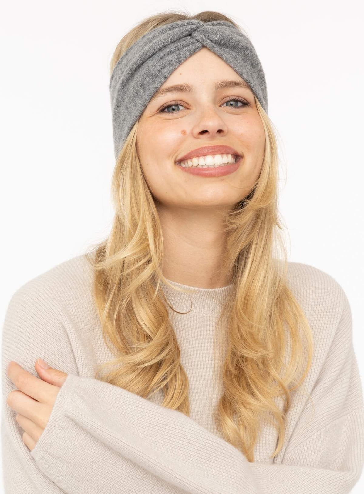 Stirnband ZWILLINGSHERZ "100% Cashmere "Classic", Damen, grau (mittelgrau), Obermaterial: 100% Kaschmir, Mützen Stirnband, Knoten vorn, wärmend, klassisches Strickdesign mittelgrau Einheitsgröße