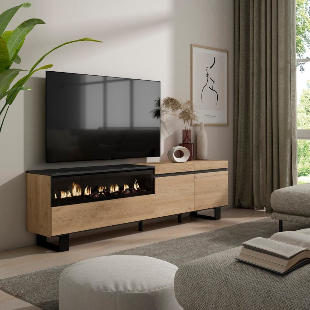 Skraut home Meuble tv effet bois de chêne et noir 200x35x57cm cheminée effet feu Beige 200x57x35cm