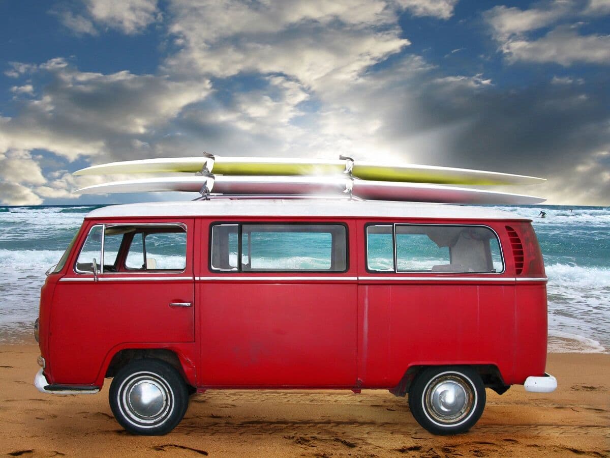Fototapete PAPERMOON "Red Beetle Bus", bunt, B:4m L:2,6m, Vlies, Tapeten, Fototapete bunt B/L: 4m x 2,6m, Bahnen: 8 Stk.