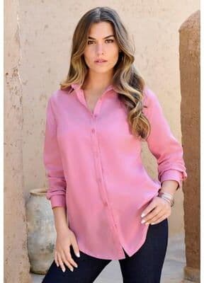 Plus Size Women's Plus Size Kate Long Sleeve Easy Cotton-Blend Button-Front Shirt by Roaman's in Pink Blossom (Size 30 W) Button Down Shirt Blouse