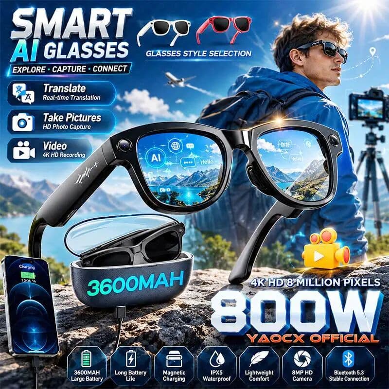 yaocx M02 Ultra AI Smart Glasses 8MP Camera Photo Video Recording Real-Time Translation Bluetooth Music Calling 3600MAH Charging Case
