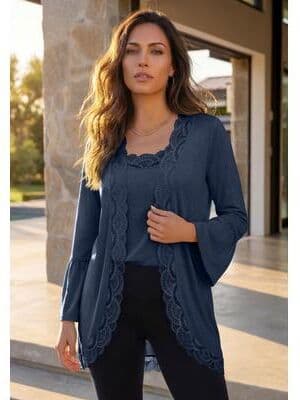 Plus Size Women's Lace-Detailed Cardigan and Tank Set by Roaman's in Navy (Size 12)