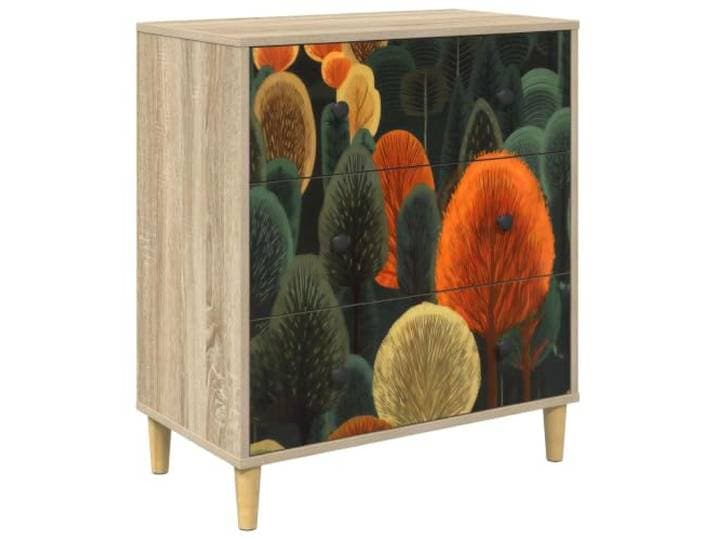 Favemtsl Kommode ZAANDAM 3 Schubladen Waldmuster 66x36.5x75cm Sonoma Stilvoller Beistellschrank mit dekorativem Muster und erhobenem Sockel fuer mehr Ordnung im Schlafzimmer und Flur.