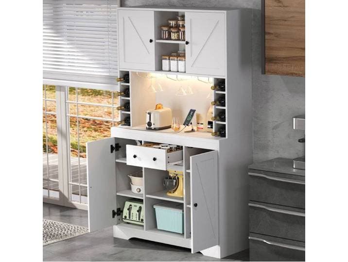 Buffet de cuisine haut 105 x 39 x 180 cm blanc avec LED prises intégrées 1 tiroir et casiers à bouteilles