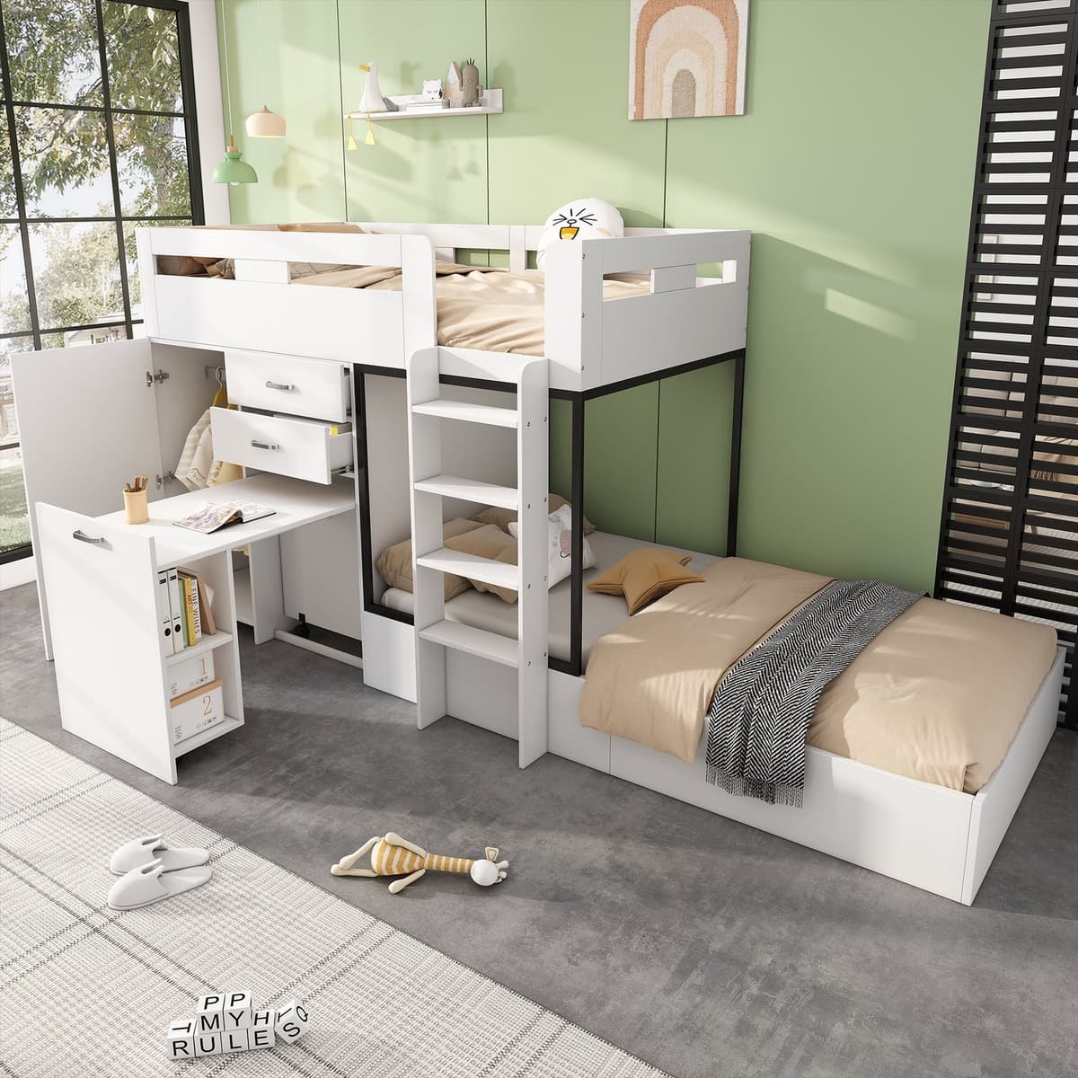 Wit kinderstapelbed met uitschuifbaar bureau, kast, lades, boekenplank en ladder - 90 x 200 cm