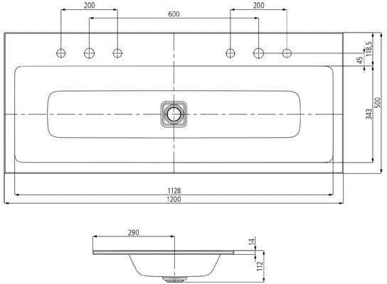 Kaldewei CONO Einbauwaschtisch 3082 mit 2 x 1 Hahnlochbohrung, 120 cm
