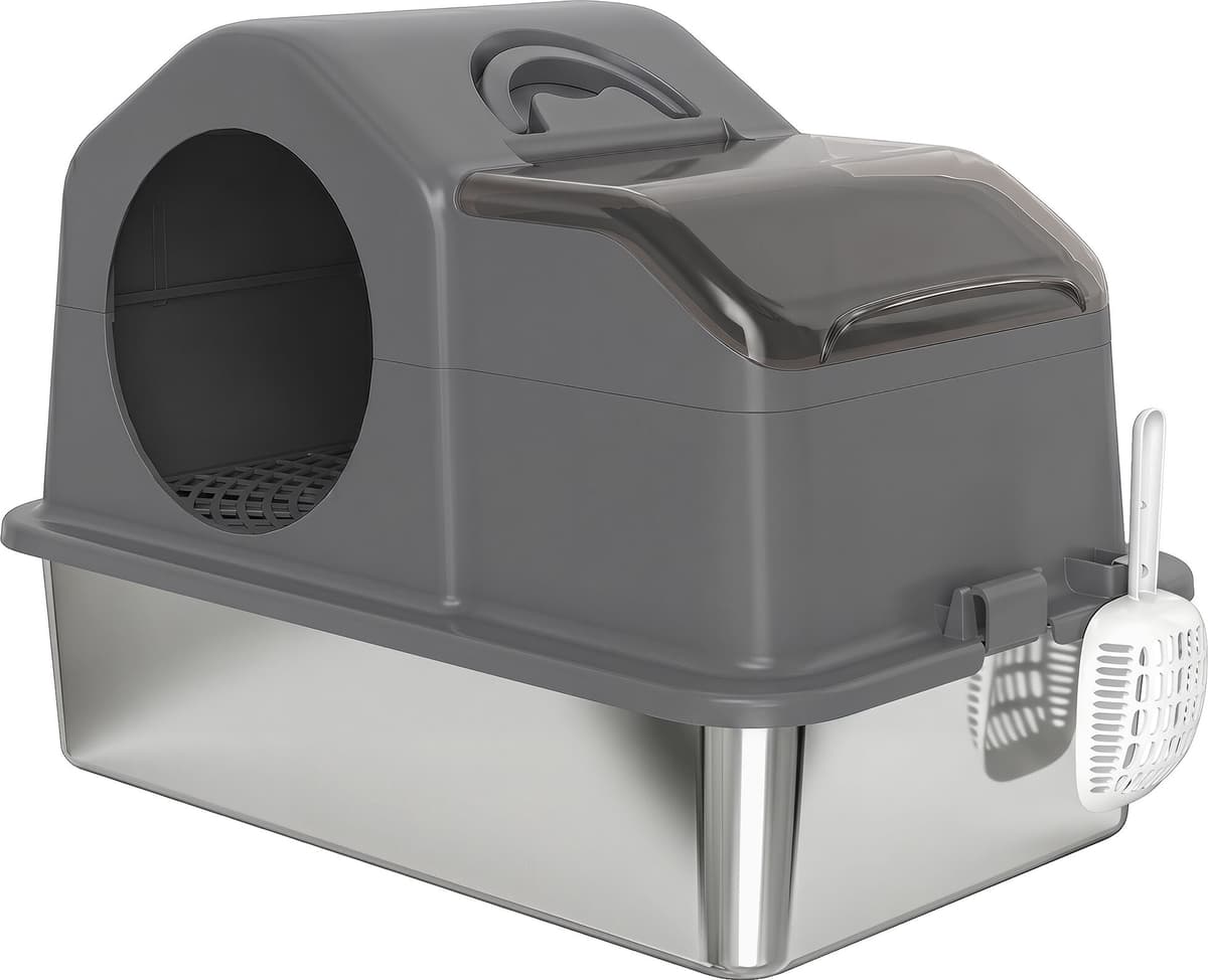 Altro Lettiera Gatto Chiusa Xl In Acciaio Inox Con Coperchio, Paletta, Tappetino Di Raccolta, Grigio Scuro