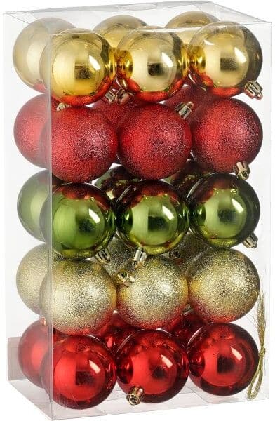 Mica Decorations Brudsikre Julekugler, Guld/rød/grøn, Ø6 Cm, 30 Stk