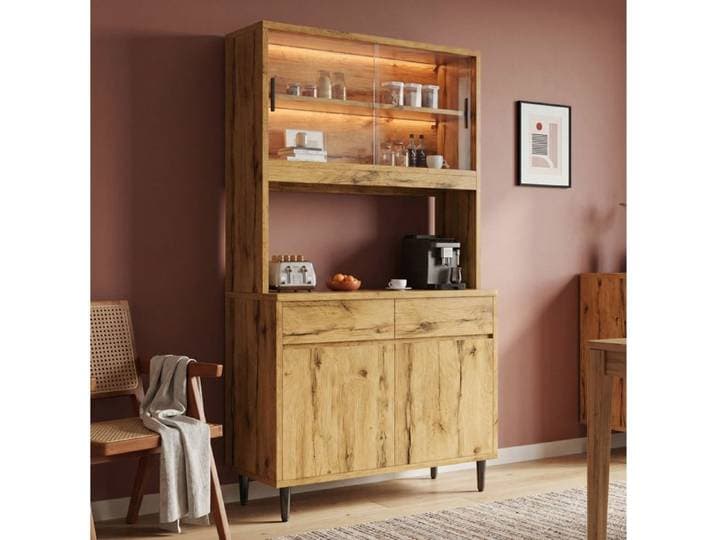 Buffet haut avec 2 portes 2 tiroirs étagères LED prises intégrées USB-A et USB-C pour salon 100×40×185 cm