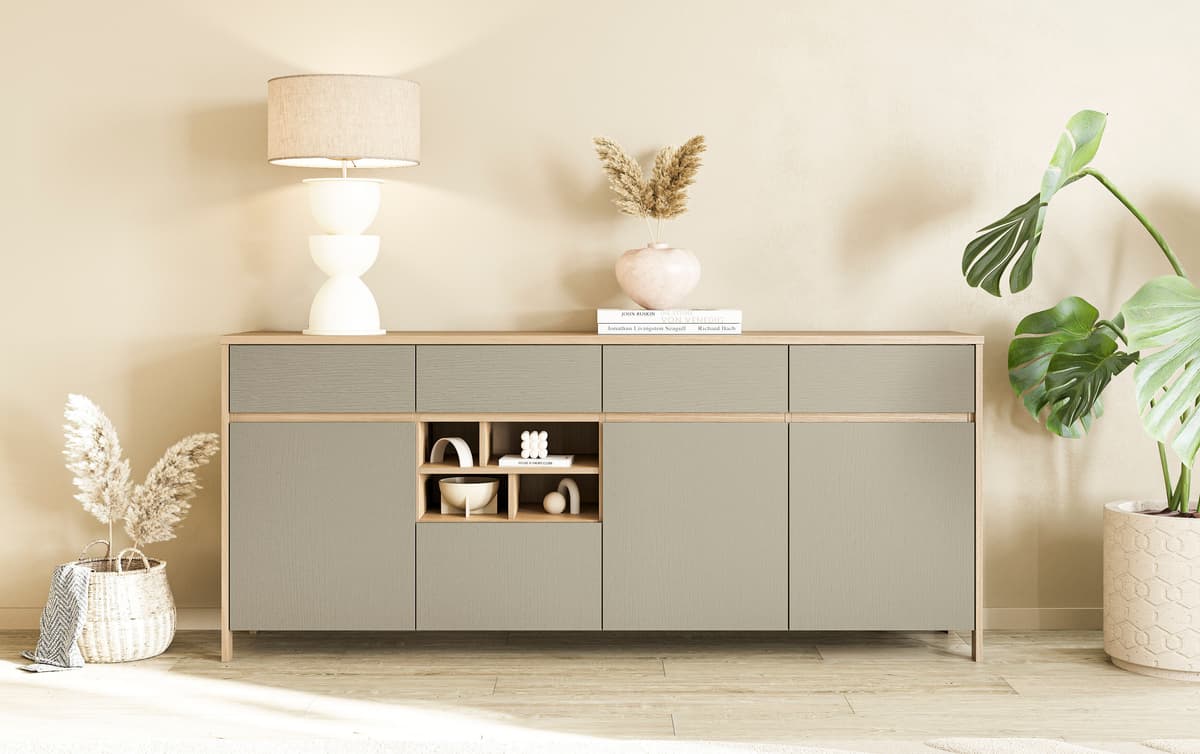 Sideboard HOME AFFAIRE "Stranda, moderner Schrank, Kommode im Scandi-Style, 198 cm breit", grau (eukalyptus skandi), B:193cm H:85cm T:39cm, Sideboards, Sideboard, elegante Rahmenoptik, ausreichend Stauraum, vielseitig einsetzbar