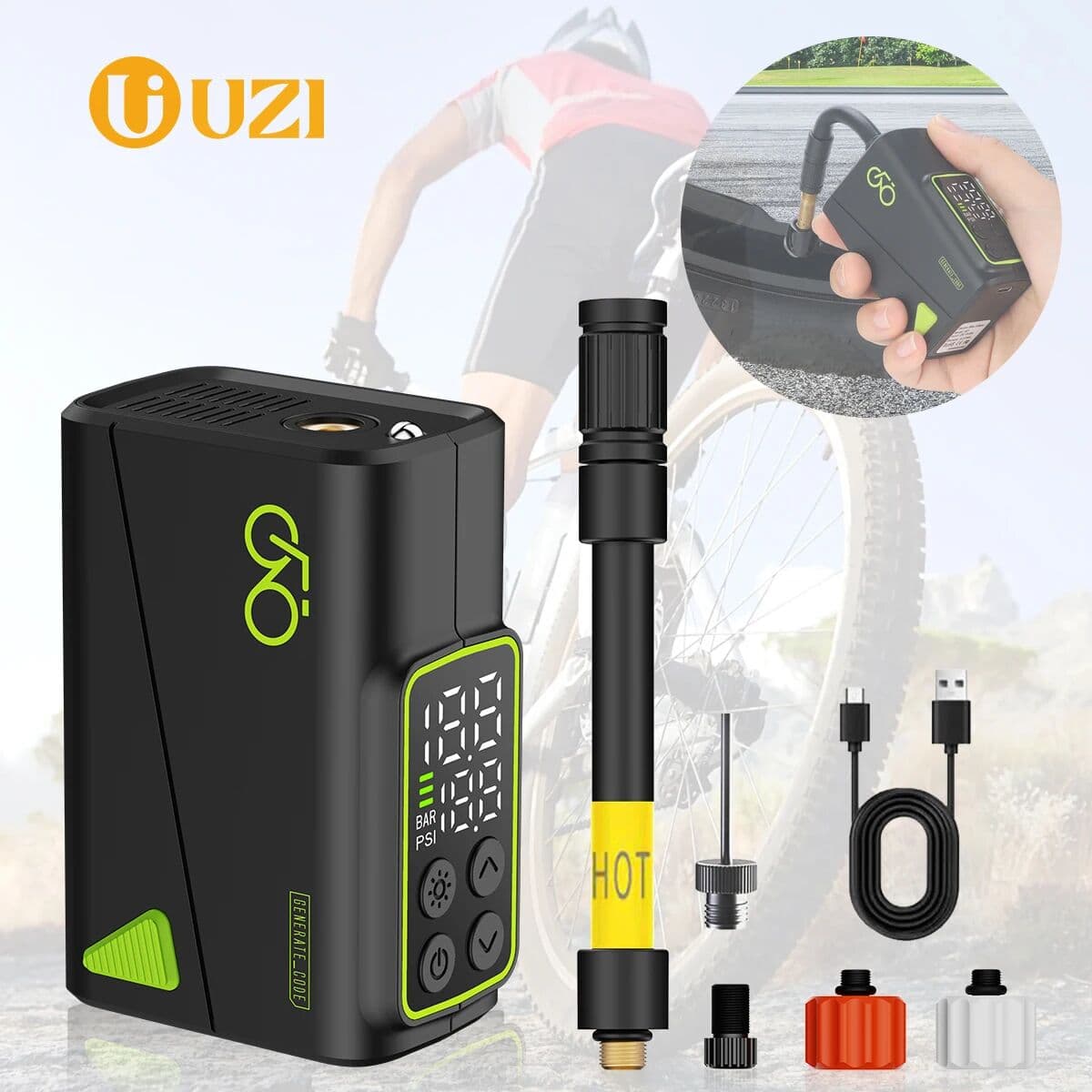 UZI&TIRE INFLATOR Portable Bike Electric Air Pump MiNi Tire Inflator 150 PSI High-Pressure Pump with Digital Gauge for Road Bikes, Mountain Bikes