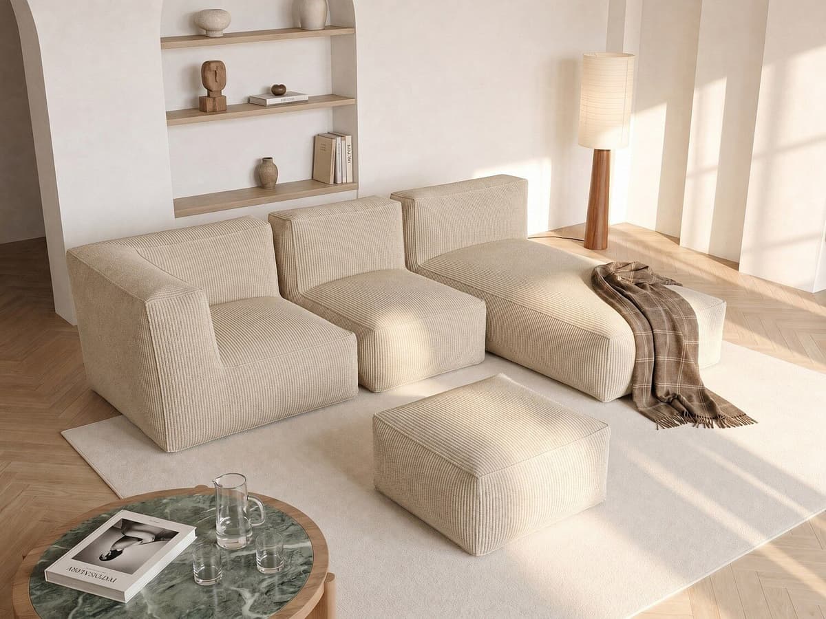 Vente-unique Modulaire hoekzitbank met poef van beige ribfluweel NOUMARA