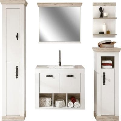 Badmöbel-Set HOME AFFAIRE "Florenz, Bad im Landhausstil, 5-teiliges Badezimmer", weiß (pinie weiß dekor), Kastenmöbel-Sets, Badmöbel-Set, Hänge-Waschtisch, Schränke, Wandboard und Spiegel, in Pinie Weiß