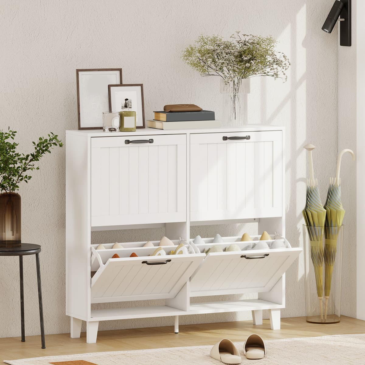 Altro Mobile Scarpe, 4 Cassetti Ribaltabili, Salvaspazio Con Ripiani Regolabili, Bianco