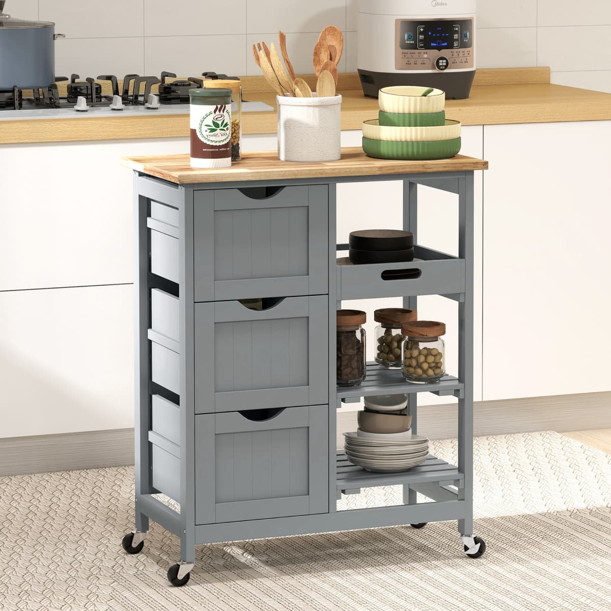 Homcom Carrello da cucina su ruote con piano in legno, 3 cassetti e piano rimovibile — 67x37x85,5 cm, Grigio   Aosom Italy