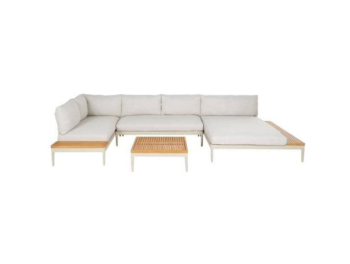 Gartenlounge mit Ecksofa für 6 Personen aus Teakholz und recyceltem Polyester, beige