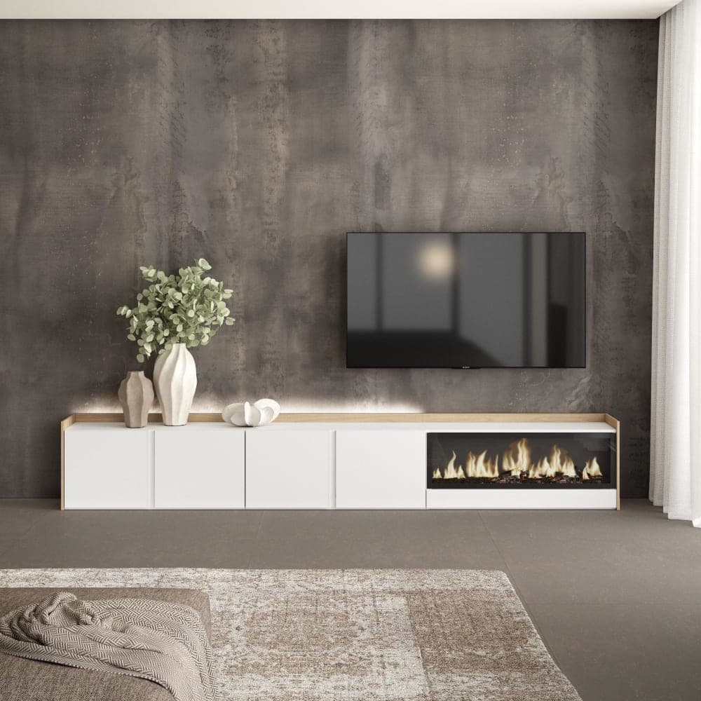 Skraut home Meuble tv effet bois blanc et chêne 315x35x50cm cheminée effet feu xxl Blanc 315x50x35cm