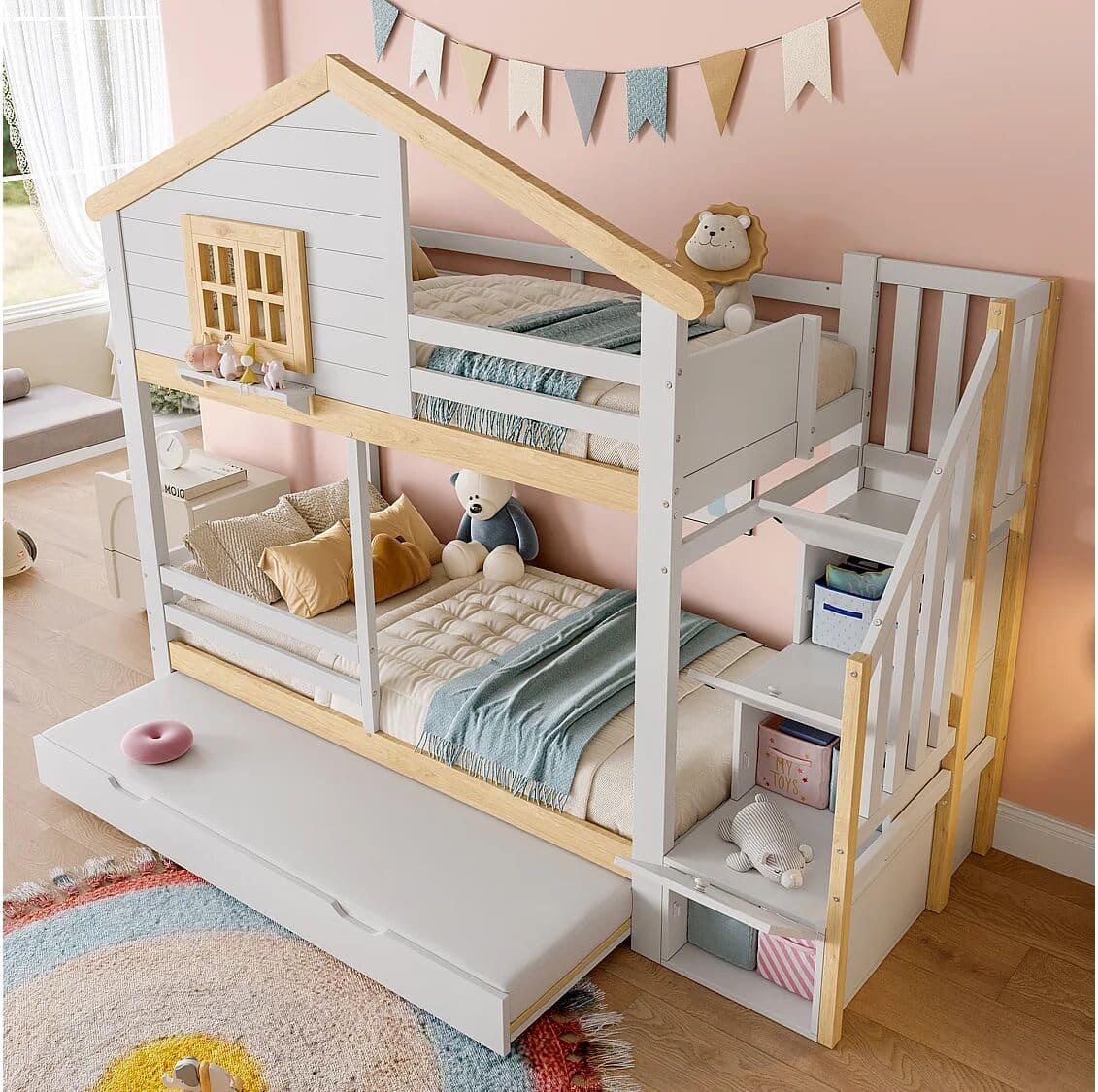 Merax Kinderstapelbed - 2 x 90 x 200 cm - met uitschuifbed 90 x 190 cm - opbergladder - MDF - wit