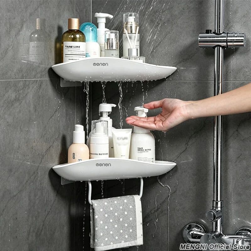 mengni Triangular Space-Saving Suction Cup Bathroom Storage Shelf No Drilling Required Multifunctional Storage Organizer with Towel Bar