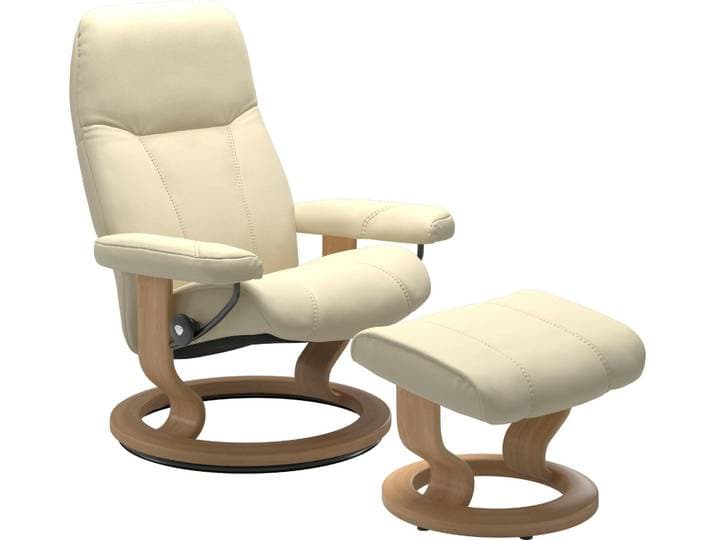 Relaxsessel STRESSLESS Consul , beige (vanilla paloma), B:76cm H:100cm T:71cm, Leder BATICK: BATICK ist ein leicht korrigiertes, durchgefärbtes und genarbtes Möbelleder, bei dem die meisten Unebenheiten und Spuren in der Regel entfernt wurden.;Leder PALOMA: PALOMA ist ein durchgefärbtes Semianilin-Möbelleder mit natürlicher Narbung.;ROHLEDER Stoff Q2 FARON: Ein fester zuverlässiger Bouclé mit einem strukturierten Aussehen und einer komfortablen Oberfläche (100% Polyester im Flor, Grundgewebe: 50% Polyester, 50% Polyacryl);Struktur fein JASMINE (90% Polyester, 10% Baumwolle), Sessel, Relaxsessel, mit Hocker, mit Classic Base, Größe M, Gestell Eiche