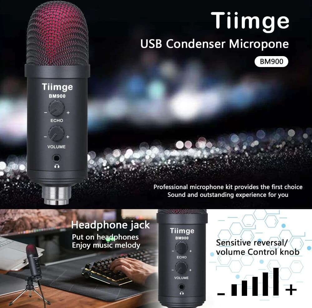 NONE BM900 USB Microphone,with Headphone Output,Volume and Echo Control,Condenser Gaming Mic for PC/Laptop,for Singing