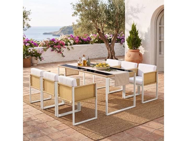 Salon de Jardin Exterieur 6 Personnes Ensemble Table de Jardin Exterieur avec Fauteuils et Table à Manger Housses en Tissu Amovibles