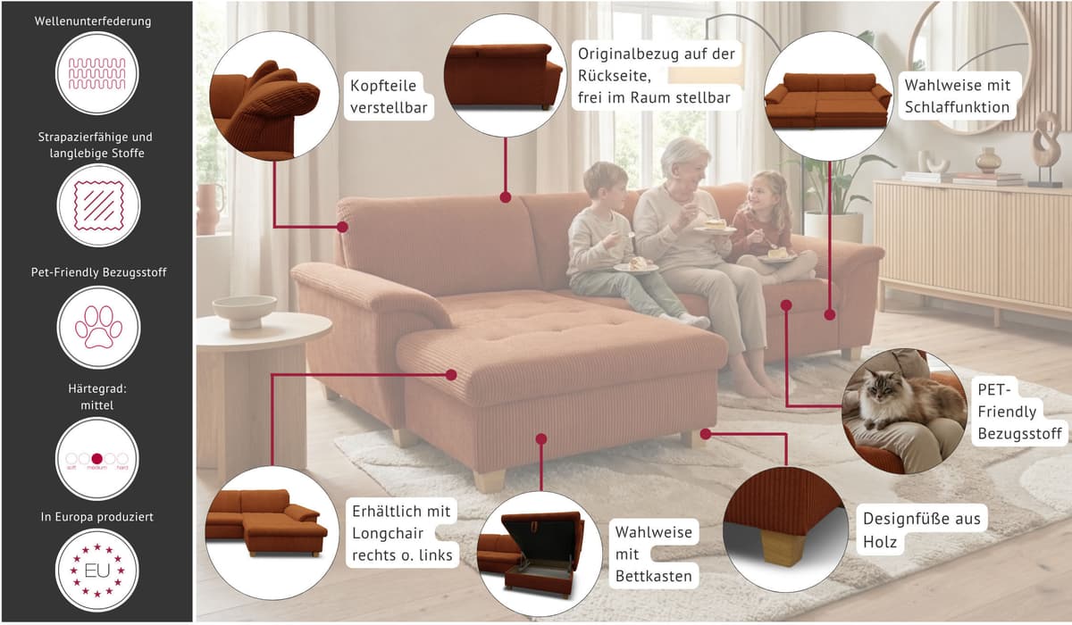 Ecksofa OTTO HOME "Eggery 279 x 170 cm, auch mit Schlaffunktion & Bettkasten, Holzfüße", beige (rose), B:279cm H:81cm T:170cm, 90% Polyester, 10% Nylon, Sofas, Ecksofa, Kopfteile verstellbar, L-Form, aus Pet Friendly Cord