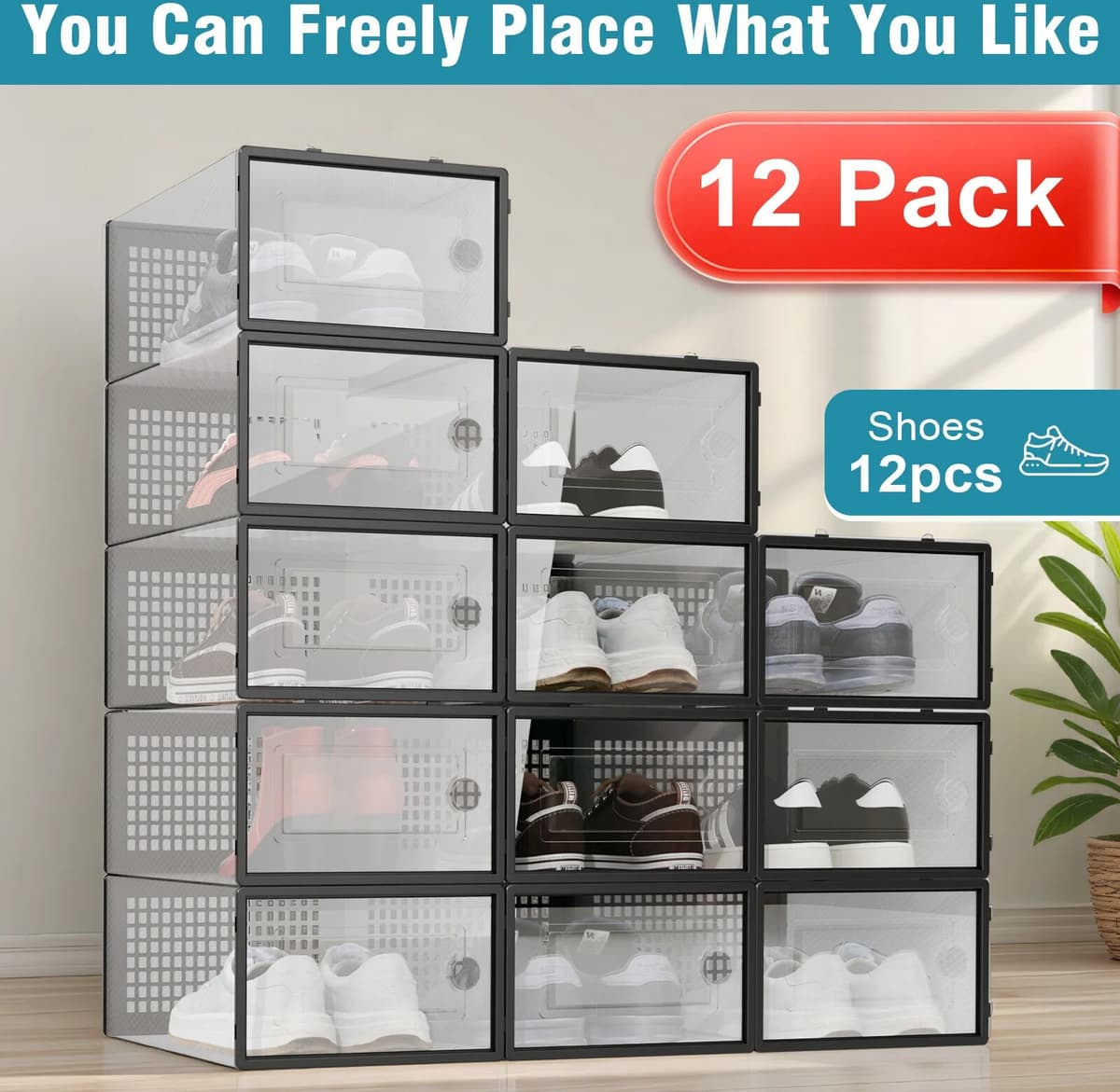 NONE 12-Pack Shoe Boxes Stackable Storage Organizer Foldable Transparent Lid Multi-Layer Shoe Rack for Closet  Entryway Bedroom