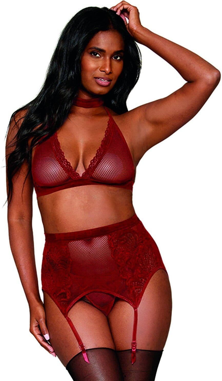 Dreamgirl Ensemble 4 pièces soutien gorge, tour de cou, string et porte jarretelles rouge