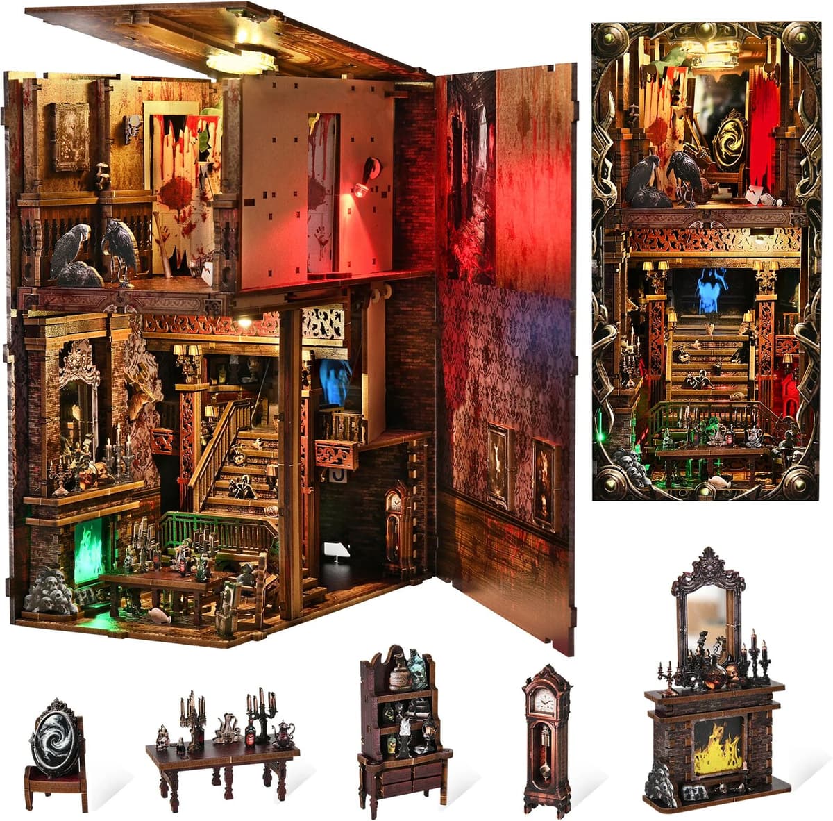 NONE DIY Book Nook Kit Hotel of Terror Wooden Bookshop Dollhouse with Light Dynamic Video Bookshelf Insert 3D Puzzle Decor for Gift