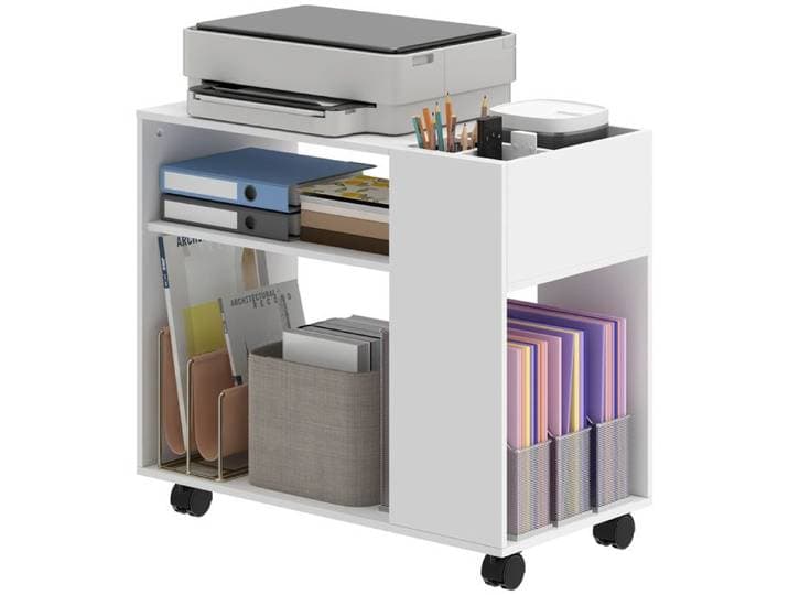 Table Basse sur Roulettes Meuble Imprimante avec Compartiments Ouverts et Étagères 70x36x60 cm Blanc