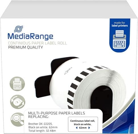 MediaRange Mediariange Ταινία Ετικετογράφου Brother DK-22205 Μαύρα Γράμματα σε Λευκό Φόντο 62mm X 30.48m MRBDK22205