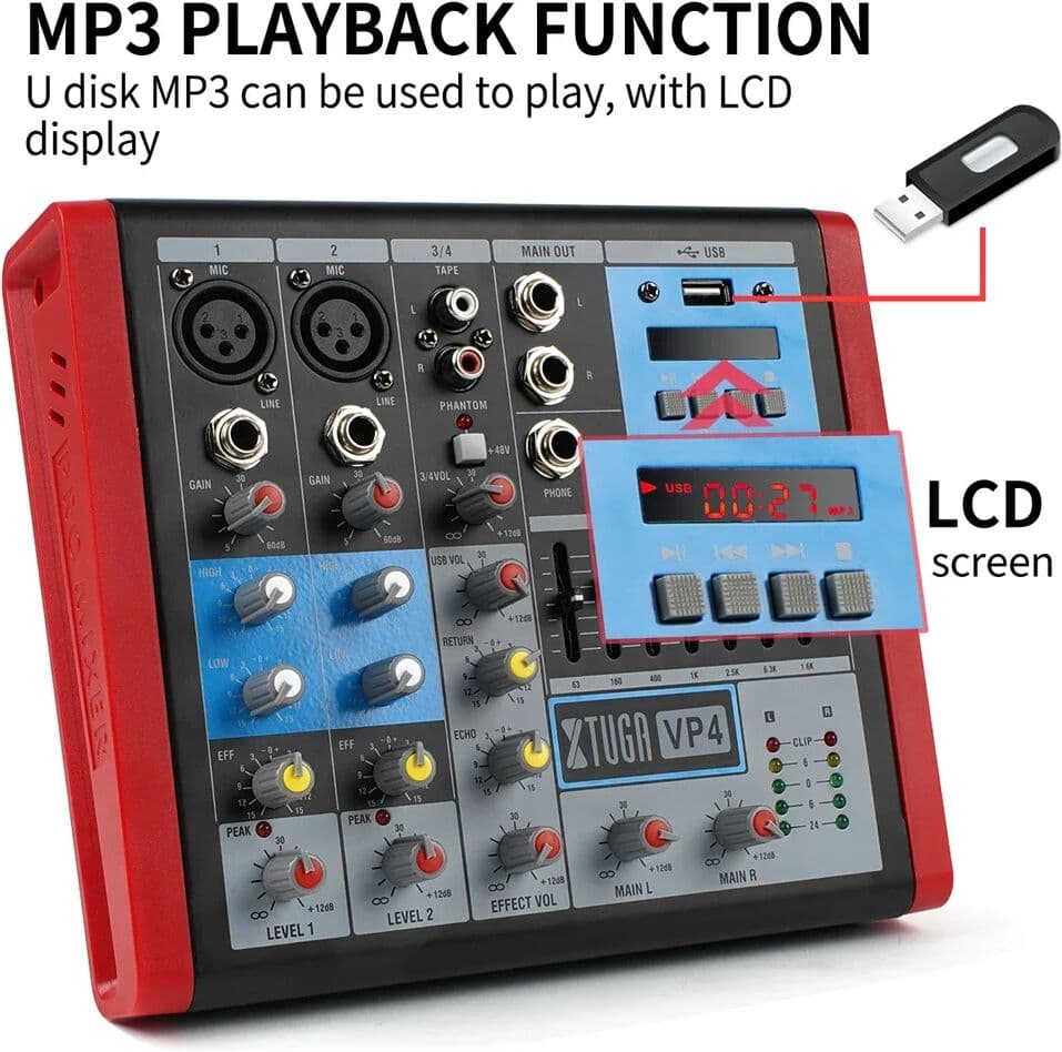 XTUGA Professional Audio Mixer 4 Channels DJ Controller Bluetooth Interface For Stage Performance Recording Studio Audio Mixer