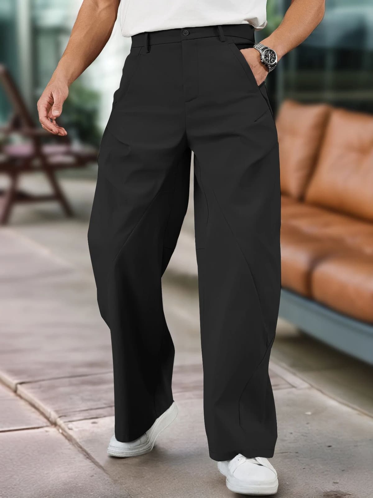 NONE Men Wide Leg Panel Casual Pants 100% Polyester Loose Straight Baggy Trousers Lightweight Streetwear Work Bottoms S-XXL Black