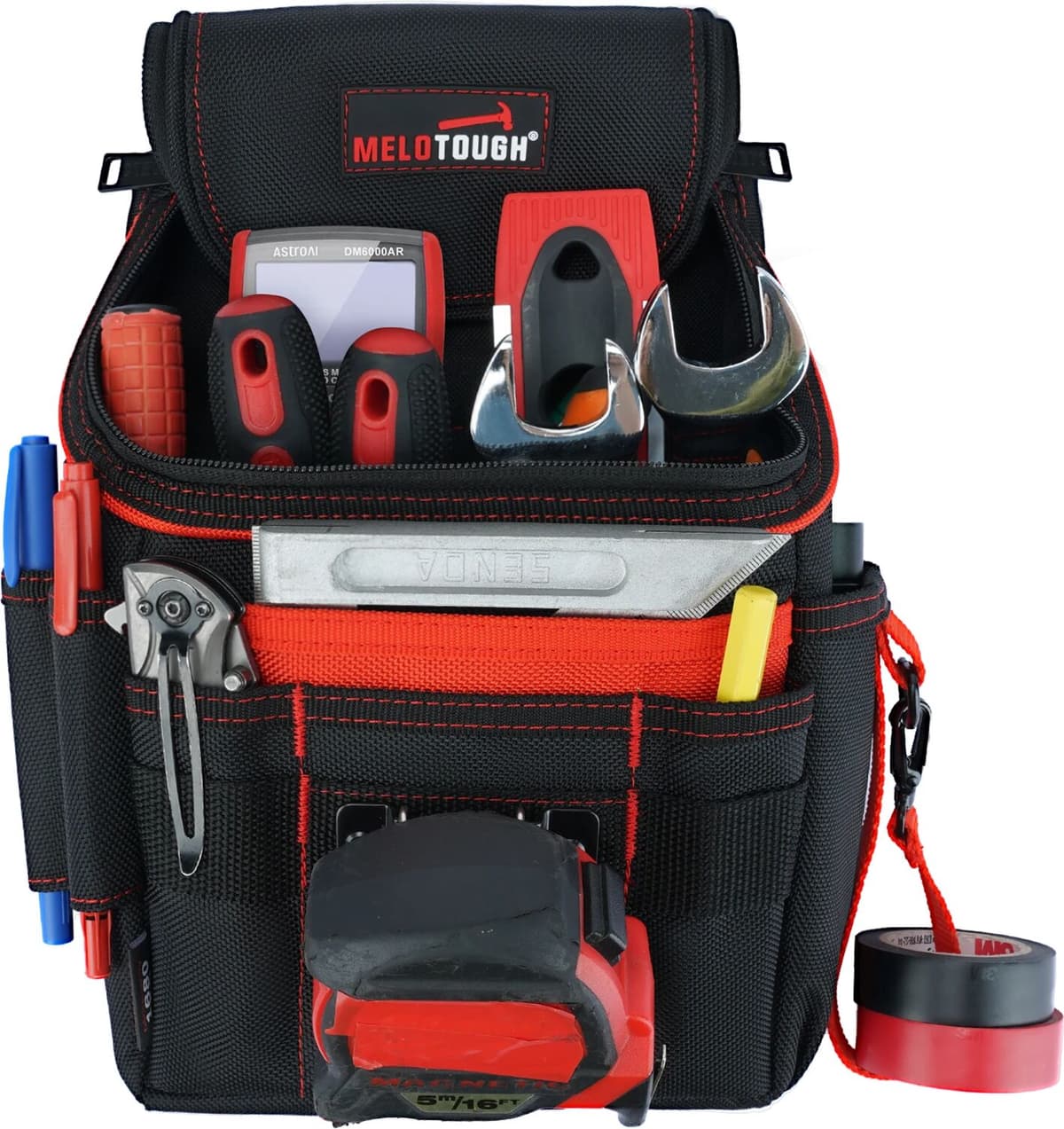 meloworkgear Medium Ziptop Tool Pouch with Belt Clip,16-Pocket Heavy Duty Zippered Utility Pouch   Tape Measure Clip & Electrical Tape Strap