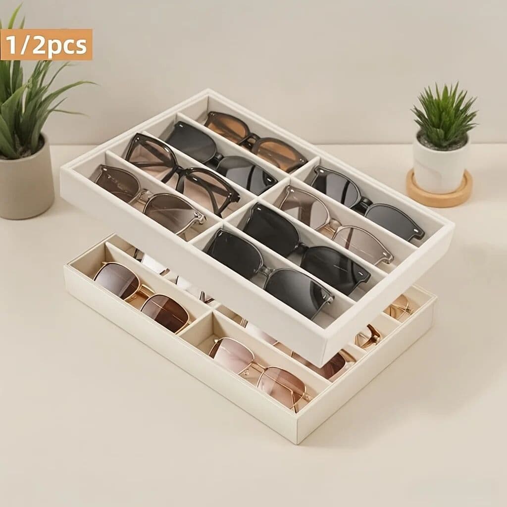 NONE Versatile Gray Velvet Organizer Tray for Glasses, Jewelry & Watches - 8-Compartment, Stackable Display Storage Box, Jewelry Tray